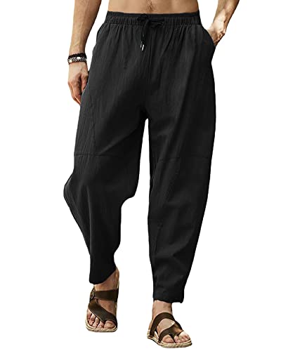 Herren-Hose, einfarbig, lässig, Baumwolle, leger, leicht, weites Bein, Yoga, Strandhose mit Tasche, Schwarz , 31-35 von MakingDa