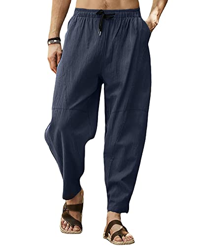 Herren-Hose aus Baumwolle, lockere Passform, Sommer, Yoga, Strand, Lounge, Kordelzug, weites Bein, Haremshose, blau, 3XL Herren-Hose aus Baumwolle, lockere Passform, Sommer, Yoga, Strand, Lounge, Kordelzug, weites Bein, Haremshose, blau, 3XL von MakingDa