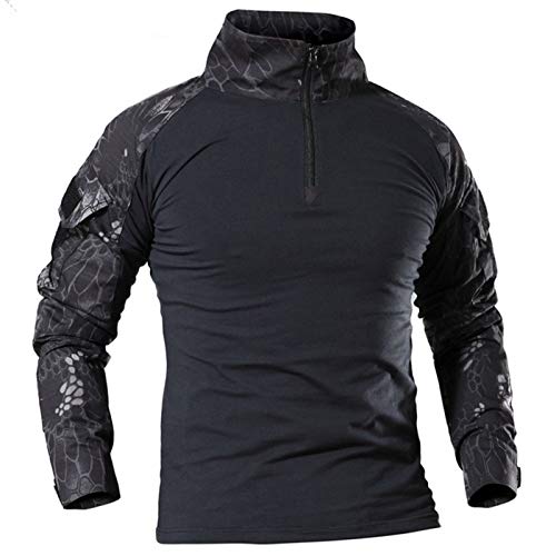 Herren Military Tactical Langarm Shirt Atmungsaktiv Jagd Combat T Shirts Schnell Trocknen Outdoor Tops 1/4 Front Zip Camouflage Airsoft Shirts, Schwarze Python, M von MakingDa