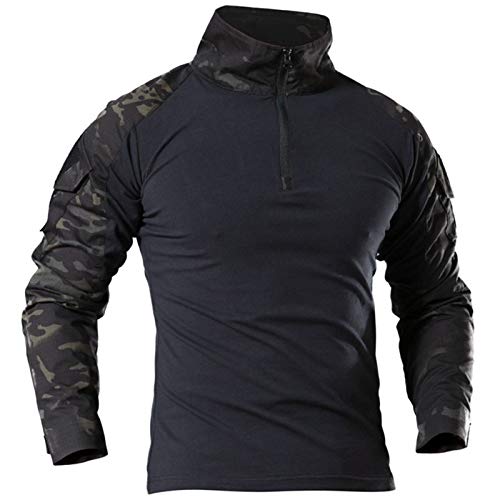 Herren Military Tactical Langarm Shirt Atmungsaktiv Jagd Combat T Shirts Schnell Trocknen Outdoor Tops 1/4 Front Zip Camouflage Airsoft Shirts, Schwarz-Cp, S von MakingDa