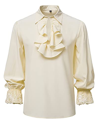 Herren Renaissance Steampunk Viktorianisch Langarm Jabot Kragen Mittelalter Piraten Hemd Tops, khaki, M von MakingDa