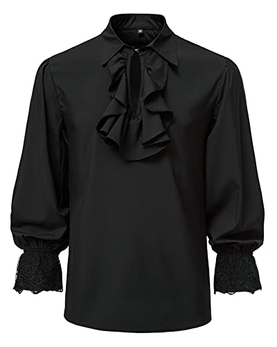 Herren Renaissance Steampunk Viktorianisch Langarm Jabot Kragen Mittelalter Piraten Hemd Tops, Schwarz , L von MakingDa