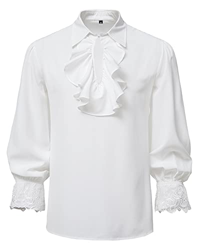 Herren Renaissance Steampunk Viktorianisches Langarmhemd Jabot-Kragen Mittelalter Piratenhemd Tops, weiß, XXL von MakingDa