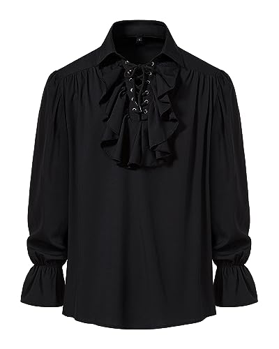 Herren Retro Renaissance Steampunk Viktorianischen Langarm Jabot Kragen Mittelalter Pirat Schnürhemd Tops, Schwarz , M von MakingDa