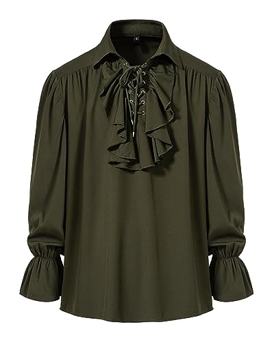 Herren Retro Renaissance Steampunk Viktorianischen Langarm Jabot Kragen Mittelalter Pirat Schnürhemd Tops, armee-grün, L von MakingDa