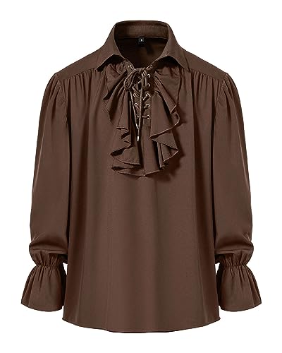 Herren Retro Renaissance Steampunk Viktorianischen Langarm Jabot Kragen Mittelalter Pirat Schnürhemd Tops, coffee, L von MakingDa