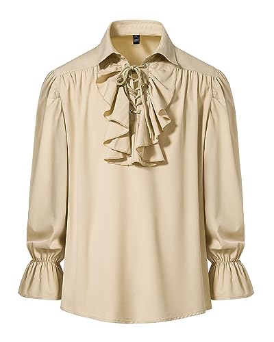 Herren Retro Renaissance Steampunk Viktorianischen Langarm Jabot Kragen Mittelalter Pirat Schnürhemd Tops, khaki, L von MakingDa