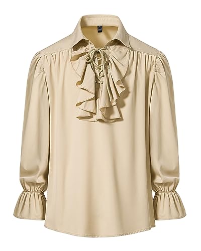 Herren Retro Renaissance Steampunk viktorianischen Langarm Jabot Kragen Mittelalter Pirat Schnürhemd Tops, khaki, XXL von MakingDa