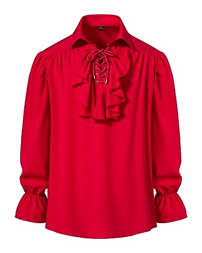 Herren Retro Renaissance Steampunk viktorianischen Langarm Jabot Kragen Mittelalter Pirat Schnürhemd Tops, rot, S von MakingDa