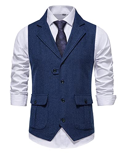 MakingDa Herren-Weste Formell Casual V-Ausschnitt Tweed Anzug Westen Business Freizeit Fischgrätmuster ärmellos Einfarbig Slim Fit Hochzeit Party Anzugweste mit Tasche-Dunkelblau-S von MakingDa