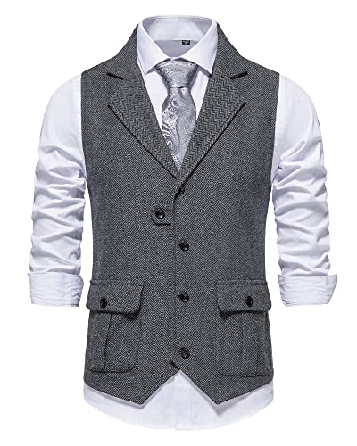 Herren Weste Formell Ärmellos V-Ausschnitt Tweed Weste Business Casual Kleid Anzug Weste mit Tasche, grau, XL von MakingDa