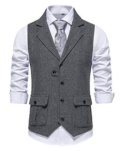 MakingDa Herren-Weste Formell Casual V-Ausschnitt Tweed Anzug Westen Business Freizeit Fischgrätmuster ärmellos Einfarbig Slim Fit Hochzeit Party Anzugweste mit Tasche-Grau-2XL von MakingDa