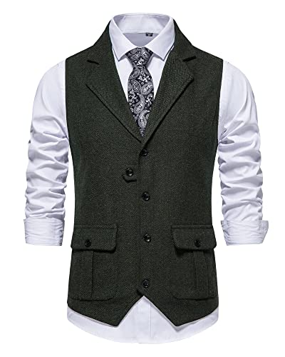 Herren Weste Formell Ärmellos V-Ausschnitt Tweed Weste Business Casual Kleid Anzug Weste mit Tasche, grün, M von MakingDa