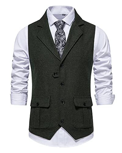 MakingDa Herren-Weste Formell Casual V-Ausschnitt Tweed Anzug Westen Business Freizeit Fischgrätmuster ärmellos Einfarbig Slim Fit Hochzeit Party Anzugweste mit Tasche-Grün-S von MakingDa