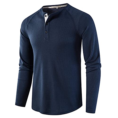 Henley Shirt Herren Langarm Basic Casual Slim Fit Langarmshirt Herren Tshirt mit Knopfleiste Männer 3 Knopf Grandad-Ausschnitt Waffle Longsleeve Oberteile Blau L von MakingDa