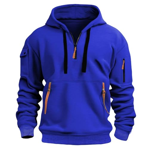 MakingDa 1/4 Zipper Fleece Hoodie Herren Pullover 3 Taschen Warm Regular Fit Hooded Sweatshirt Männer Kapuzenpullover Teenager Jungen Sport Sweatjacke Blau L von MakingDa