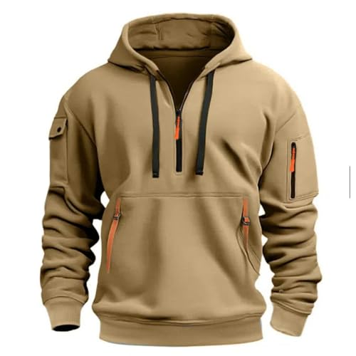 MakingDa 1/4 Zipper Fleece Hoodie Herren Pullover 3 Taschen Warm Regular Fit Hooded Sweatshirt Männer Kapuzenpullover Teenager Jungen Sport Sweatjacke Khaki XXXL von MakingDa