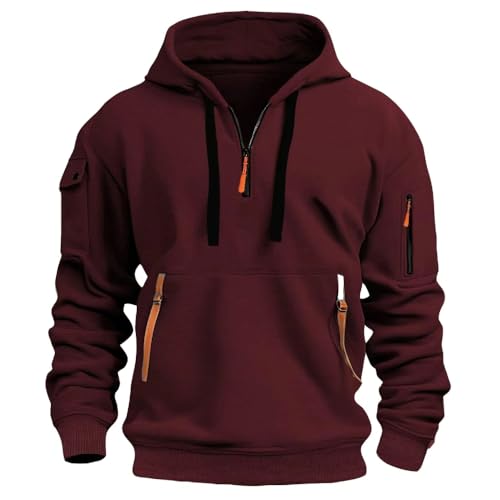 MakingDa 1/4 Zipper Fleece Hoodie Herren Pullover 3 Taschen Warm Regular Fit Hooded Sweatshirt Männer Kapuzenpullover Teenager Jungen Sport Sweatjacke Weinrot L von MakingDa