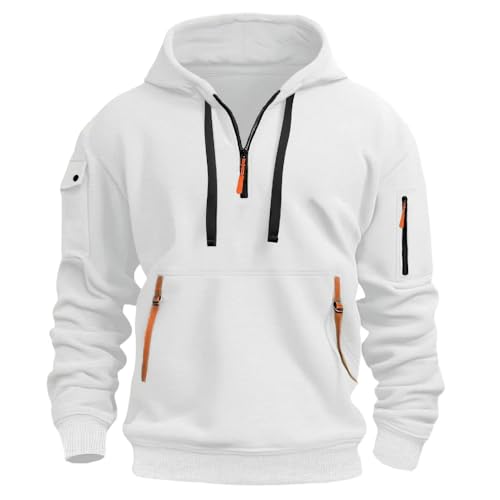 MakingDa 1/4 Zipper Fleece Hoodie Herren Pullover 3 Taschen Warm Regular Fit Hooded Sweatshirt Männer Kapuzenpullover Teenager Jungen Sport Sweatjacke Weiß XXXL von MakingDa
