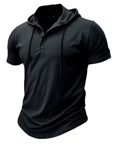 MakingDa Athletische Kurzarm Kapuze Männer Mode Training Gym Pullover Kapuze Hemd Knopf Muskel Fit Sommer Sweatshirt Leichtes Hip Hop Laufen Boxen Wandern Sport Hoodies T-Shirt Schwarz S von MakingDa