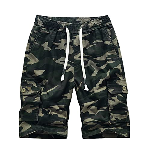 MakingDa Cargo Shorts Herren Baumwolle Kordelzug Taschen Elasticated Waist Vintage Einfarbig Sommer Cargohose Kurz Herren Slim Fit Einfarbig Stretch Schmale Passform Sport Cargoshorts Camouflage M von MakingDa