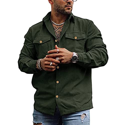 MakingDa Cordhemd Herren Langarm Button Hemdjacke Casual Einfarbig Hemden Cord Hemd Jacke Vintage Cordjacke Männer Regular Fit Armeegrün XL von MakingDa