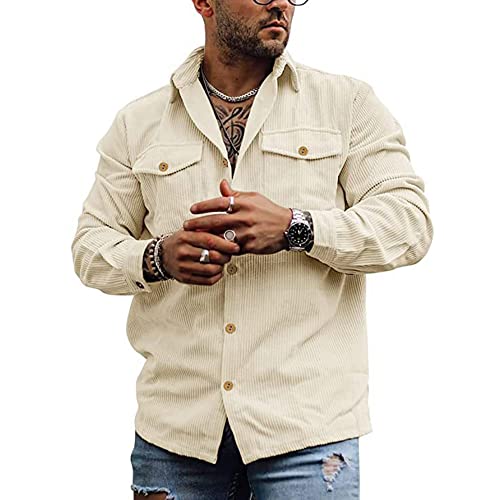 MakingDa Cordhemd Herren Langarm Button Hemdjacke Casual Einfarbig Hemden Cord Hemd Jacke Vintage Cordjacke Männer Regular Fit Beige M von MakingDa