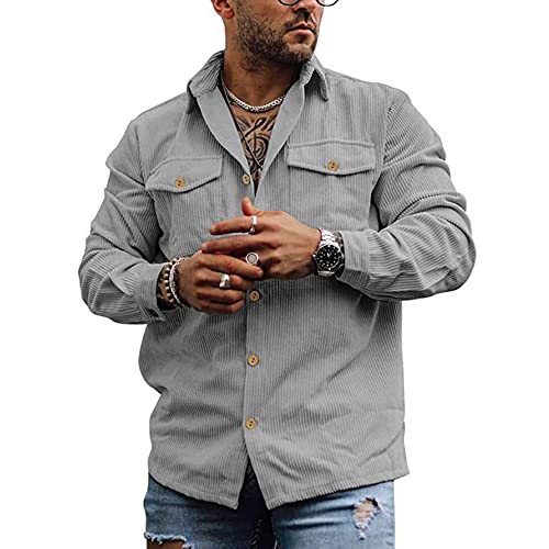 MakingDa Cordhemd Herren Langarm Button Hemdjacke Casual Einfarbig Hemden Cord Hemd Jacke Vintage Cordjacke Männer Regular Fit Grau L von MakingDa