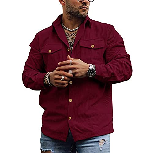 MakingDa Cordhemd Herren Langarm Button Hemdjacke Casual Einfarbig Hemden Cord Hemd Jacke Vintage Cordjacke Männer Regular Fit Rotwein L von MakingDa