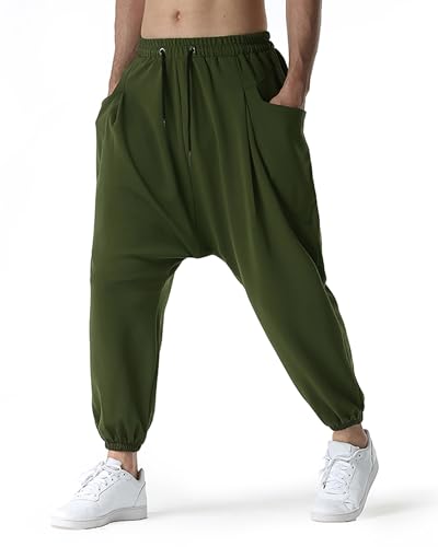 MakingDa Haremshose für Herren, einfarbig, tiefer Schritt mit Taschen, elastischer Taille, Stretch, Hippie-Ploomer-Hose, schmale Passform, Sweatpants für Laufen, Joggen, Yoga Gr. 31-35, armee-grün von MakingDa