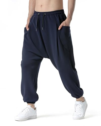 MakingDa Haremshose für Herren, einfarbig, tiefer Schritt mit Taschen, elastischer Taille, Stretch, Hippie-Ploomer-Hose, schmale Passform, Sweatpants für Laufen, Joggen, Yoga Gr. 34-37, marineblau von MakingDa