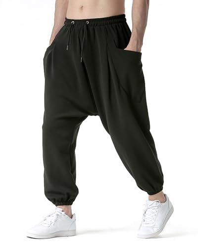 MakingDa Herren Trainingshose mit tiefem Schritt, elastische Taille, Haremshose, Baggy Stretch, Hippie, Tanz, Bloomers, Yogahose, Schwarz , 36-41 von MakingDa