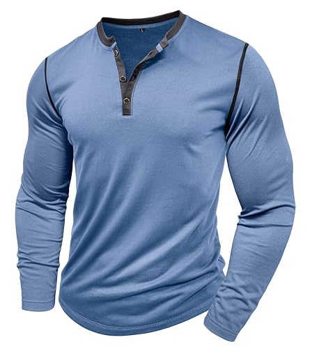 MakingDa Henley Langarmshirt Knopfleiste Langarm Shirt Regular Slim Fit Muscle Bequem Oberteil Männer Pullover Sport Arbeit Tshirts Outdoor Fitness Longshirt Basic Vintage Freizeithemd Blau S von MakingDa