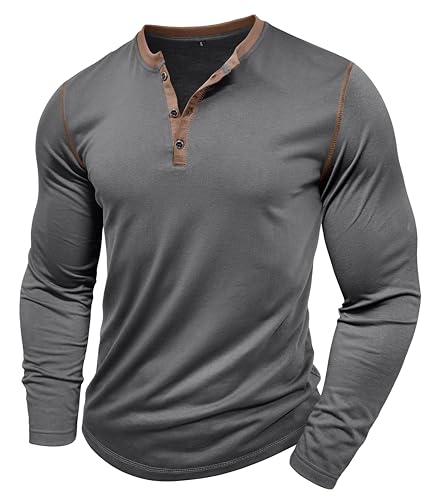 MakingDa Henley Langarmshirt Knopfleiste Langarm Shirt Regular Slim Fit Muscle Bequem Oberteil Männer Pullover Sport Arbeit Tshirts Outdoor Fitness Longshirt Basic Vintage Freizeithemd Dunkelgrau XXL von MakingDa