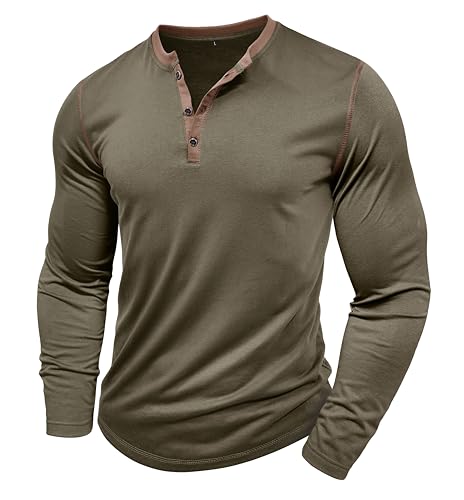 MakingDa Henley Langarmshirt Knopfleiste Langarm Shirt Regular Slim Fit Muscle Bequem Oberteil Männer Pullover Sport Arbeit Tshirts Outdoor Fitness Longshirt Basic Vintage Freizeithemd Grün XL von MakingDa