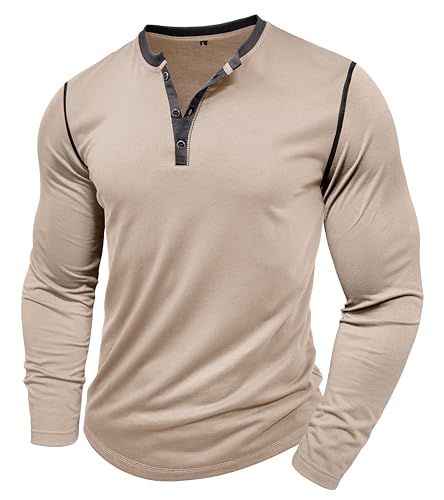 MakingDa Henley Langarmshirt Knopfleiste Langarm Shirt Regular Slim Fit Muscle Bequem Oberteil Männer Pullover Sport Arbeit Tshirts Outdoor Fitness Longshirt Basic Vintage Freizeithemd Khaki M von MakingDa