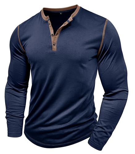 MakingDa Henley Langarmshirt Knopfleiste Langarm Shirt Regular Slim Fit Muscle Bequem Oberteil Männer Pullover Sport Arbeit Tshirts Outdoor Fitness Longshirt Basic Vintage Freizeithemd Marineblau S von MakingDa