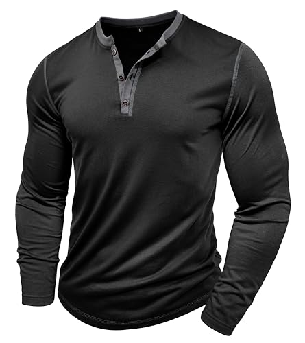 MakingDa Henley Langarmshirt Knopfleiste Langarm Shirt Regular Slim Fit Muscle Bequem Oberteil Männer Pullover Sport Arbeit Tshirts Outdoor Fitness Longshirt Basic Vintage Freizeithemd Schwarz XXL von MakingDa