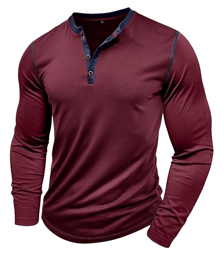 MakingDa Henley Langarmshirt Knopfleiste Langarm Shirt Regular Slim Fit Muscle Bequem Oberteil Männer Pullover Sport Arbeit Tshirts Outdoor Fitness Longshirt Basic Vintage Freizeithemd Weinrot XXL von MakingDa