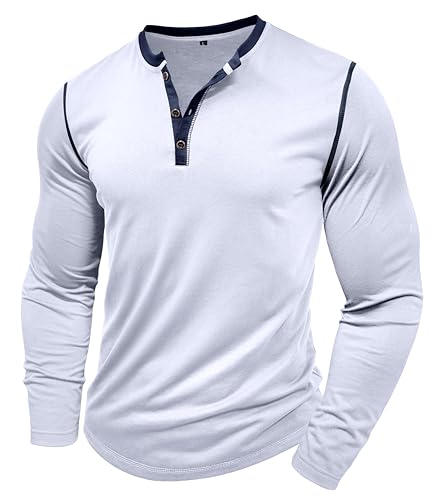 MakingDa Henley Langarmshirt Knopfleiste Langarm Shirt Regular Slim Fit Muscle Bequem Oberteil Männer Pullover Sport Arbeit Tshirts Outdoor Fitness Longshirt Basic Vintage Freizeithemd Weiß XXL von MakingDa