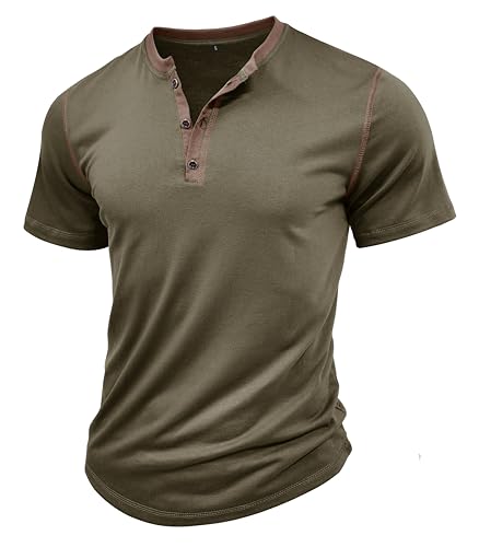 MakingDa Henley Shirt Herren Kurzarm Vintage Knöpfe Muscle Gym Sommer Einfarbig Golf Freizeit Tshirts Klassisch Atmungsaktiv Leicht Slim Fit Passform Arbeits Grandad Shirt Grün S von MakingDa