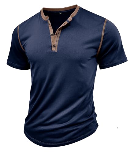 MakingDa Henley Shirt Herren Kurzarm Vintage Knöpfe Muscle Gym Sommer Einfarbig Golf Freizeit Tshirts Klassisch Atmungsaktiv Leicht Slim Fit Passform Arbeits Grandad Shirt Navy blau XL von MakingDa
