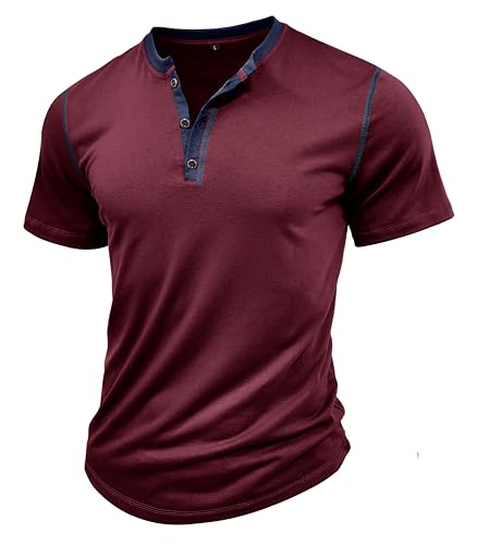 MakingDa Henley Shirt Herren Kurzarm Vintage Knöpfe Muscle Gym Sommer Einfarbig Golf Freizeit Tshirts Klassisch Atmungsaktiv Leicht Slim Fit Passform Arbeits Grandad Shirt Rot S von MakingDa