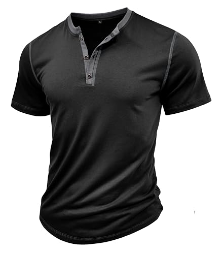 MakingDa Henley Shirt Herren Kurzarm Vintage Knöpfe Muscle Gym Sommer Einfarbig Golf Freizeit Tshirts Klassisch Atmungsaktiv Leicht Slim Fit Passform Arbeits Grandad Shirt Schwarz M von MakingDa