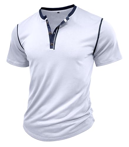 MakingDa Henley Shirt Herren Kurzarm Vintage Knöpfe Muscle Gym Sommer Einfarbig Golf Freizeit Tshirts Klassisch Atmungsaktiv Leicht Slim Fit Passform Arbeits Grandad Shirt Weiß M von MakingDa