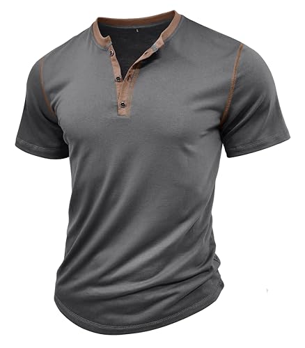 MakingDa Henley Shirt Herren Kurzarm Vintage Knöpfe Muscle Gym Sommer Einfarbig Golf Freizeit Tshirts Klassisch Atmungsaktiv Leicht Slim Fit Passform Arbeits Grandad Shirt Dunkelgrau M von MakingDa