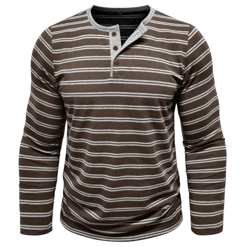 MakingDa Henleyhemd für Herren Langarm Streifen Knopf Pullover Slim Fit Vintage Weich Leicht Casual Klassisch Arbeits Sweatshirt Braun XL von MakingDa