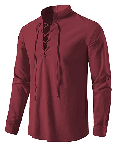 Herren Baumwolle Klassisch Schottisch Jacobite Ghillie Kilt-Shirt Langarm Gemütlich Schnüren Piraten Shirts Mittelalter Vintage Kostüm Tops, A275-Weinrot, L von MakingDa