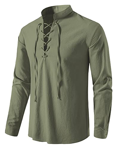 Herren Baumwolle Klassisch Schottisch Jacobit Ghillie Kilt Shirt Langarm Gemütliche Schnürung Piraten Shirts Mittelalter Vintage Kostüm Tops, A275-grün, L von MakingDa