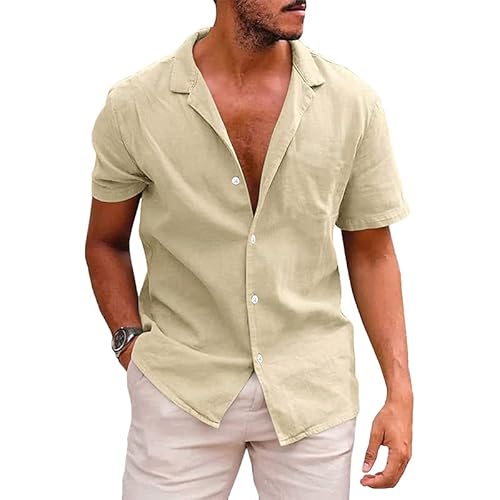 MakingDa Herren Baumwolle Leinen Hemden Kurzarm Loose Fit Hemden Cuban Collar Button Down Sommer Casual Strand Shirt Tops, khaki, XL von MakingDa